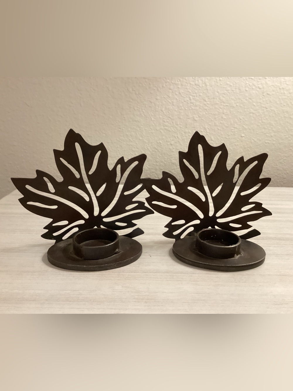 Vintage Metal Leaf Cut Out Votive Candle Holder Set ~ Rustic ~ Aged Bronze Color